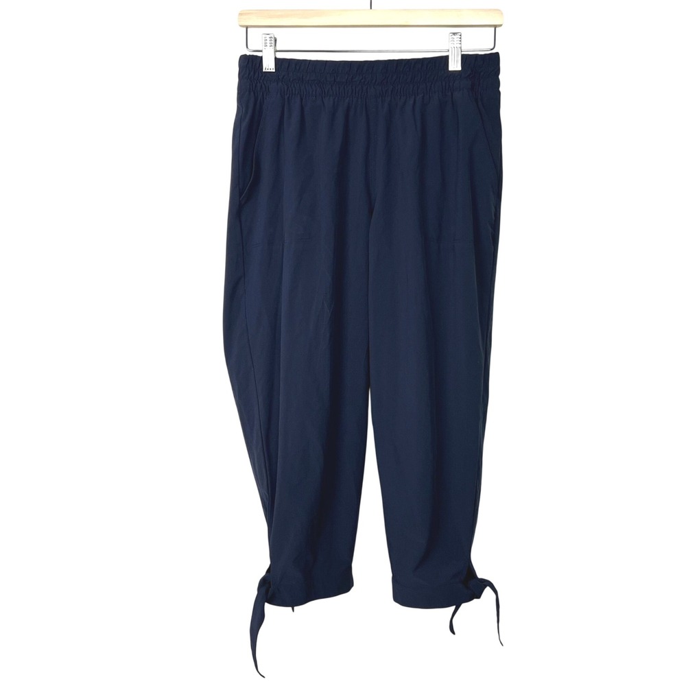 T by Talbots Navy Blue Tie Hem Cropped Active Pant Petite Small SP Elastic Waist